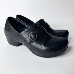 Dansko Clogs Heel Black Leather Shows Comfort Slip On w/ Buckle Women's 38 7.5-8